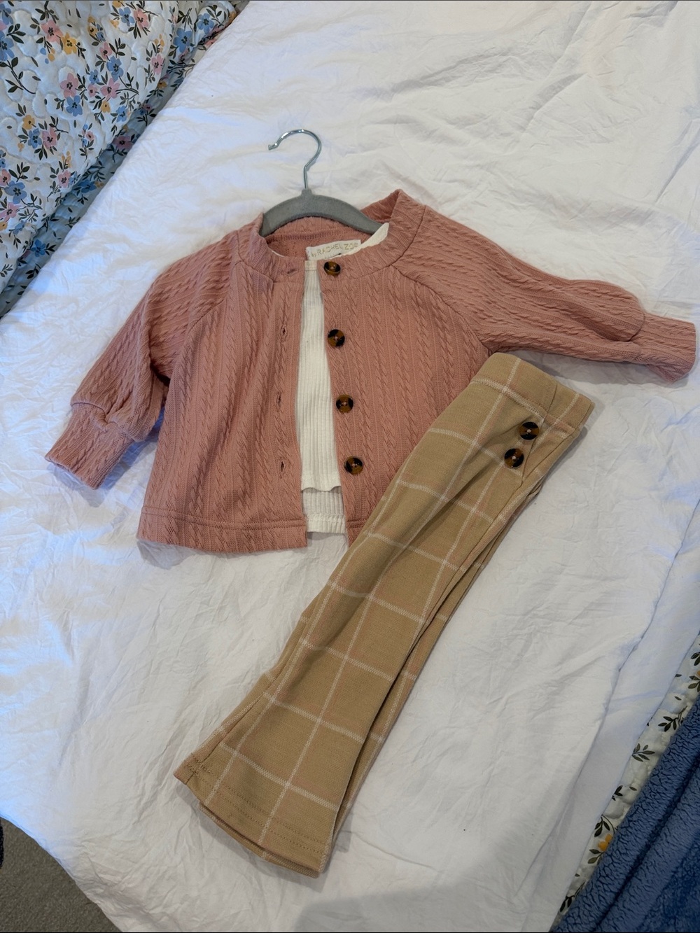 Rachel Zoe Rose Pink Knit Cardigan with Cream Tank and Tan Plaid Pants